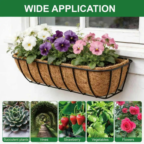 Two Pack 24 Inch Coconut Liners For Planters Trough Coco Liners For Window Boxes with flowers in a metal basket