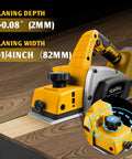 Knock Out Woodwork Projects With This Portable Cordless Handheld Planer Featuring A Beast Mode Brushless Motor And Lightning Fast Shaving Head For Zero Sweat Diy Finishing Work, showing planing depth and width specs.