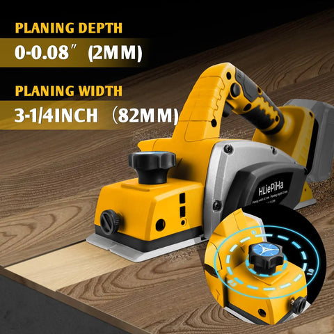 Knock Out Woodwork Projects With This Portable Cordless Handheld Planer Featuring A Beast Mode Brushless Motor And Lightning Fast Shaving Head For Zero Sweat Diy Finishing Work, showing planing depth and width specs.
