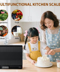 Digital Postal Scale With Backlit LCD Display And Large 10.6 By 9.8 Inch Weighing Platform 15 Kg Capacity Measures In Grams Ounces Pounds And Milliliters Tare Function Auto Off Great For Mailing Cooking And Small Packages with a woman and child baking in a kitchen.