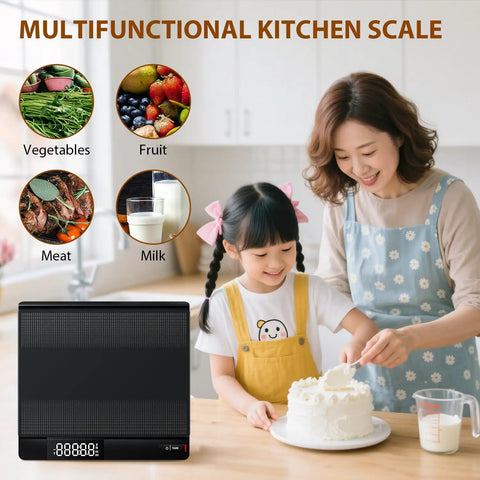 Digital Postal Scale With Backlit LCD Display And Large 10.6 By 9.8 Inch Weighing Platform 15 Kg Capacity Measures In Grams Ounces Pounds And Milliliters Tare Function Auto Off Great For Mailing Cooking And Small Packages with a woman and child baking in a kitchen.