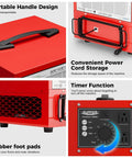 Features of a red portable air filtration system with 180 degree air intake and high velocity vortex fan, 850 to 1050 CFM.