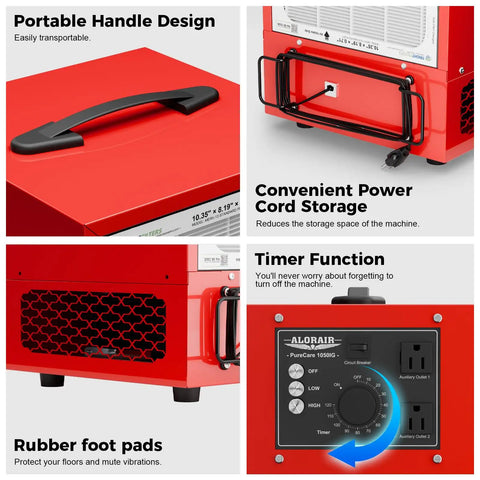 Features of a red portable air filtration system with 180 degree air intake and high velocity vortex fan, 850 to 1050 CFM.
