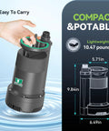 Compact One Quarter Horsepower Portable Water Pump That Delivers Up To 2110 GPH With A 25 Ft Head For Pool Basement Hot Tub And Garden Drainage 120V Electric Sump Pump With Garden Hose Check Valve Adapter shown with dimensions and hand for scale