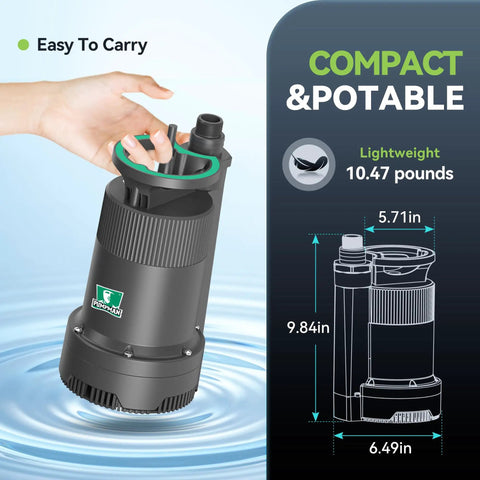 Compact One Quarter Horsepower Portable Water Pump That Delivers Up To 2110 GPH With A 25 Ft Head For Pool Basement Hot Tub And Garden Drainage 120V Electric Sump Pump With Garden Hose Check Valve Adapter shown with dimensions and hand for scale