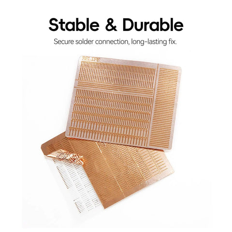 IC Chip Solder Pads And Jumpwire Kit For Microsoldering And Phone Repair 1440 Dots To Rebridge Wires Refurbish Circuit Boards And Easy Pad Replacement showing solder sheets and jump wires.
