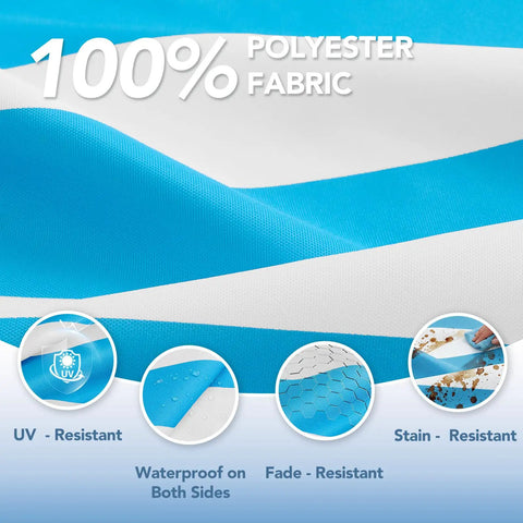 Close-up of blue and white polyester fabric showing UV, waterproof, fade, and stain resistance.