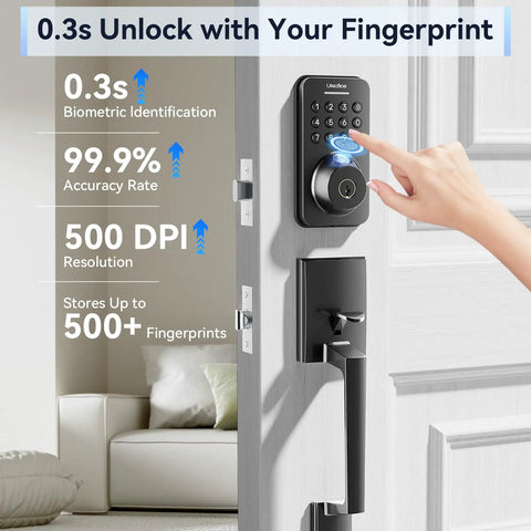 No Sweat Smart Fingerprint Door Lock With Lightning Fast Zero Lag App Unlock And Smooth Turn Handle Set In Glossy Black For Rock Solid Front Door Security