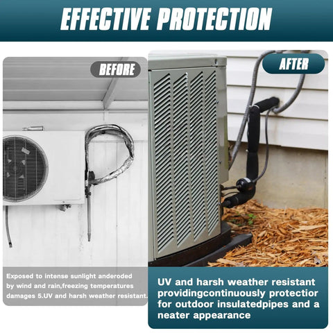 Before and after installation of Three Layer HVAC Copper Pipe Insulation Cover With Durable 600D Oxford Shell on central AC unit lines.
