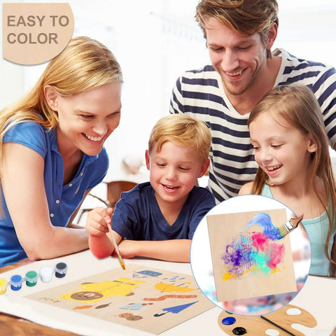 Front view of a family crafting with four 12x12 basswood sheets; kids and adults painting, inset shows a painted sample.