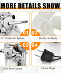 Universal Quiet Bathroom Vent Fan Motor Replacement S1200A000 details showing shaft, fan blade, copper motor, and plug