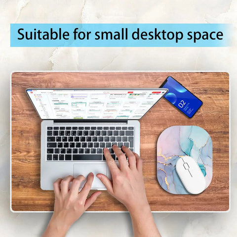 Compact 6x7 Inch Mouse Pad For Laptop And Keyboard Tray, Built For Home Office And Travel, Cyan Blue Marble on desk