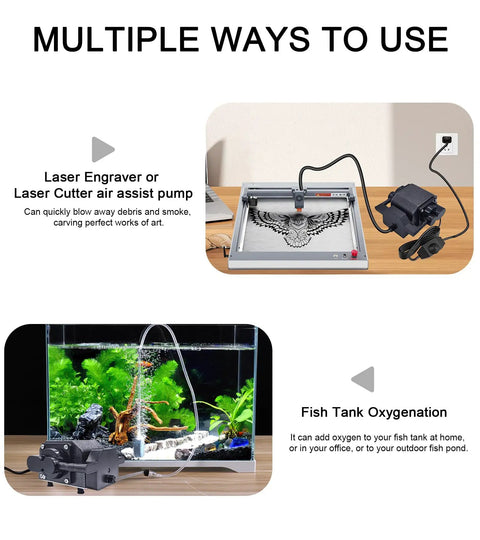 Diagram showcasing Pro Grade 54 LPM Airflow Air Assist For Laser Engraver With Adjustable Knob 110V used for engraver and fish tank.
