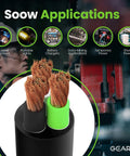 Close-up of 50 Ft SOOW Portable Power Cable 16/3 Gauge 16 AWG 3 Conductor 600V for industrial use, showing copper wires and rubber jacket.