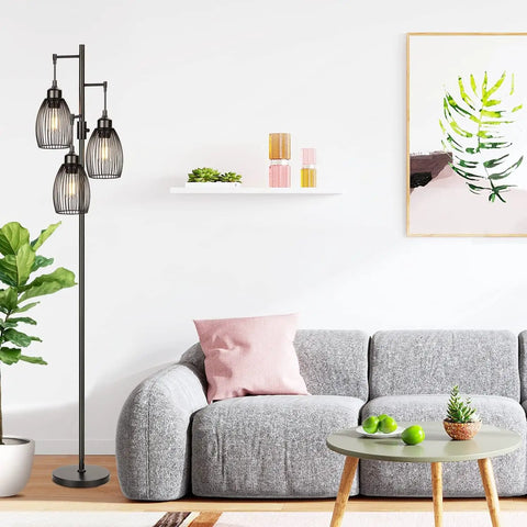 Dimmable 68 Inch Floor Lamp With Stepless Dimming From Zero To One Hundred Percent, Three 800LM LED Edison Bulbs Included, Industrial Rustic Tall Standing Lamp For Living Room And Bedroom near sofa with decor.