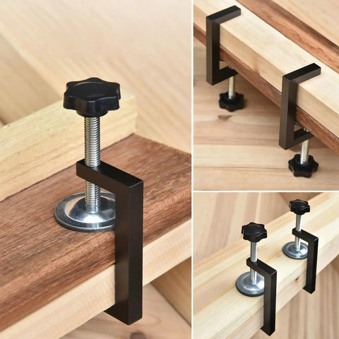 Heavy Duty Adjustable C Clamps Pack Of 8 Aluminum Alloy With Nonslip Rubber Pads For Woodworking Welding Secure Holding And Cabinet Door Alignment Perfection shown clamped onto wooden boards.