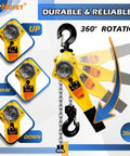 Beefy 3/4 Ton Chain Hoist With 1650 Lb Capacity 10 Ft Lift Manual Lever Hoist showing 360-degree rotation and operation modes.