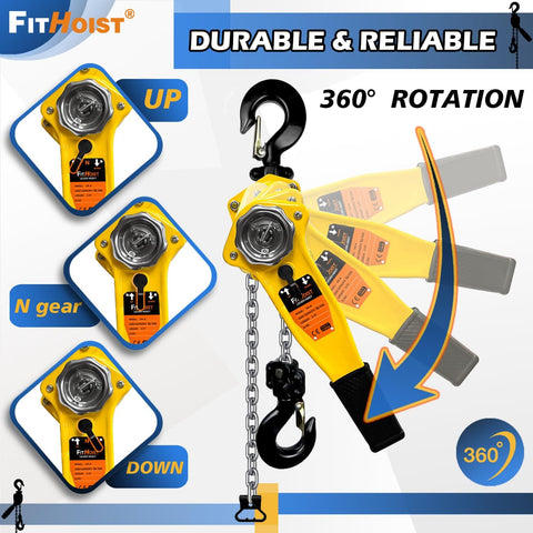 Beefy 3/4 Ton Chain Hoist With 1650 Lb Capacity 10 Ft Lift Manual Lever Hoist showing 360-degree rotation and operation modes.