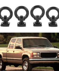 Heavy Duty Stainless Steel T Slot Tie Down Anchors For Roof Racks, 4 Pack M8 Ring Eye Bolts And T Bolts Eye Nuts For Securing Bungee Cords, Ropes, And Hooks On Any Rack, Weatherproof Black, four black ring anchors with T-bolt base on pickup truck