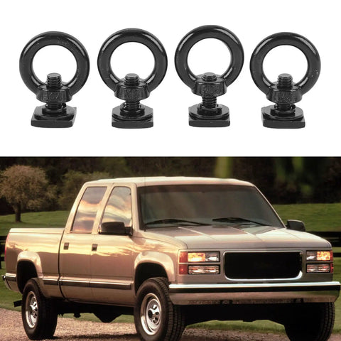 Heavy Duty Stainless Steel T Slot Tie Down Anchors For Roof Racks, 4 Pack M8 Ring Eye Bolts And T Bolts Eye Nuts For Securing Bungee Cords, Ropes, And Hooks On Any Rack, Weatherproof Black, four black ring anchors with T-bolt base on pickup truck