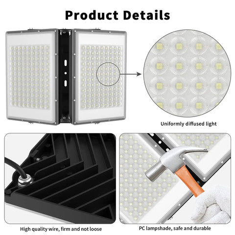 Crazy Bright 400W LED Flood Light With 40000LM, IP66 Waterproof Outdoor Security Lighting, product details showing parts.