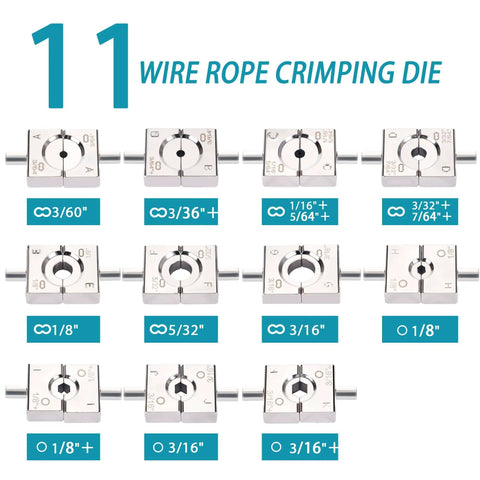 Beefy Workhorse Wire Rope Crimping Tool Kit with 11 dies for Aluminum Ferrules and Oval Sleeves 3/64 to 3/16 Inch use
