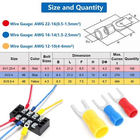 245 Pcs Fork Spade Wire Connectors Kit For 22-16 16-14 12-10 AWG M4 U Type Crimp Terminals Tinned Red Blue Yellow Color Set
