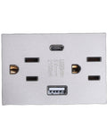 Built Tough 15A Decorator Wall Outlet With USB And Type C Quick Charge Ports Splash Proof Standard Switch Plate For Home And Office Clean Grey. Top view of grey outlet with USB and Type C ports.