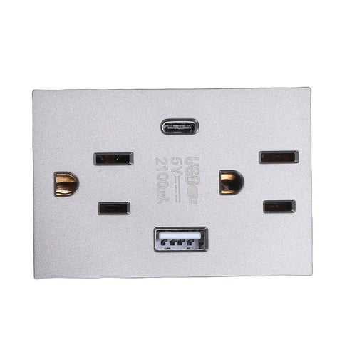 Built Tough 15A Decorator Wall Outlet With USB And Type C Quick Charge Ports Splash Proof Standard Switch Plate For Home And Office Clean Grey. Top view of grey outlet with USB and Type C ports.