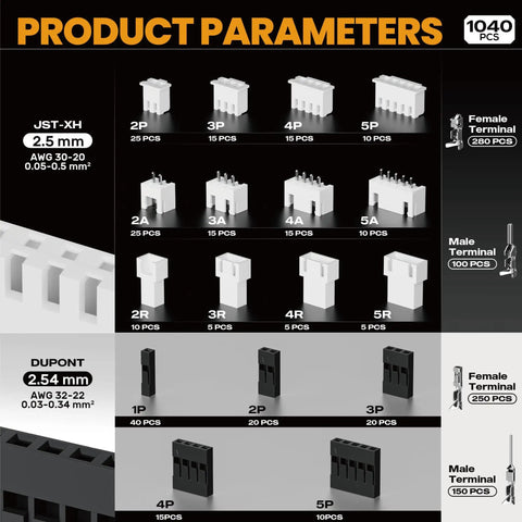 Pro Grade Crimp Tool Connector Kit With JST XH 2.5mm And Dupont 2.54mm Connector Set showing 21 types of connectors