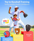 Father and son playing baseball with Toss and Catch Ball Game with Four Sticky Paddles for Kids, focusing on skill levels.