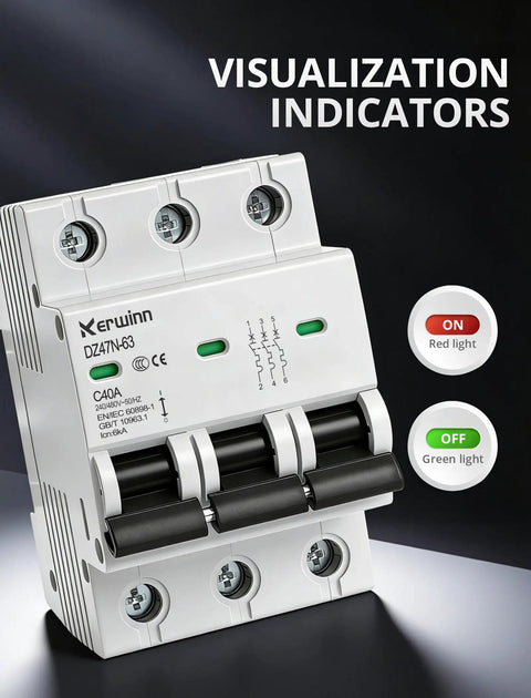 Three Pole Miniature Circuit Breaker 240V 480V AC 50A Thermal Magnetic Trip Smart Circuit Breaker AC Disconnect Switch DIN Rail Mount with Visualization Window Flame Retardant Shell for Overload and Short Circuit Protection front view