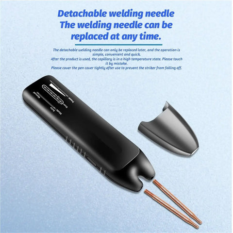 Portable DIY Handheld Spot Welder with 11 Adjustable Speeds showing detachable welding needle on blue background.
