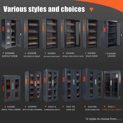 Various styles of Beefy Heavy Duty CNC Tool Holder Cabinet for CAT30 Storage and Organization displayed in a catalog.
