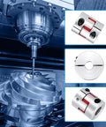 Aluminum shaft coupling set for 8–14 mm shafts; jaw spider and clamp-style couplers shown with CNC milling spindle.