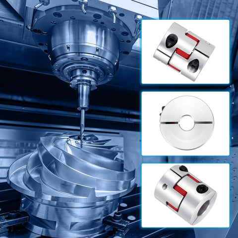 Aluminum shaft coupling set for 8–14 mm shafts; jaw spider and clamp-style couplers shown with CNC milling spindle.