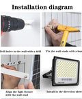 Installation diagram for JUDYSSY Solar Flood Light 500W800W1000W showing drill and fixture alignment steps.