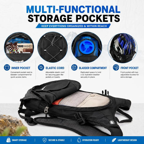 Ultra Lightweight Hydration Backpack with 2L Water Bladder for Cycling showing storage pockets and black Oxford fabric.