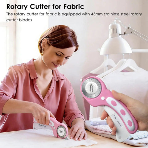 Woman using 45mm Rotary Cutter Set With 5 Extra Blades For Fabric Leather Crafting Sewing And Quilting Ergonomic Grip
