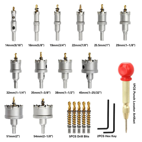 Heavy Duty 12 Piece Hole Saw Kit with Carbide Tipped Saws from 14mm to 54mm, 5 Drill Bits, 2 Hex Keys, 1 Punch Locator