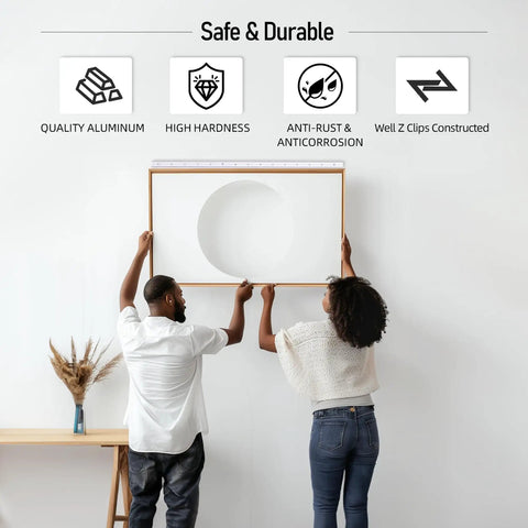 Rock Solid Forty One Inch French Cleat Hanger Kit With Heavy Duty Aluminum Z Clips And Interlocking Wall Mount Brackets Supports Five Hundred Pounds To Securely Anchor Mirrors Pictures And Shelves For A Sleek Floating Vibe No Sweat Install during installation showing two people.