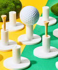 10 Pack Rubber Tee Holders And Bamboo Tees For Golf Practice Indoor Outdoor Driving Range Mat Setup 1.5 Inch Tee Size displayed.