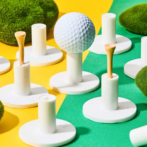 10 Pack Rubber Tee Holders And Bamboo Tees For Golf Practice Indoor Outdoor Driving Range Mat Setup 1.5 Inch Tee Size displayed.