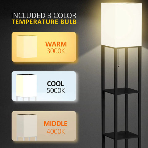Solid Wood Floor Lamp With Built In Shelves, Modern Three Color Temperature Lighting, Linen Lampshade, Brown Finish