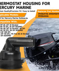 Image of Thermostat With Housing Kit For Mercury Marine Outboard Motors 65 HP Through 150 HP 4 Stroke Replace 8M0090819 892864T06 892864A06 next to a Mercury outboard motor.