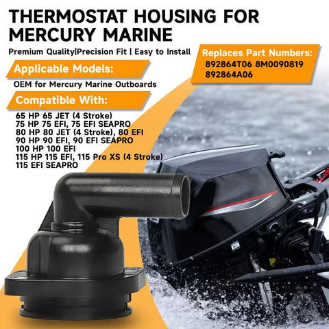 Image of Thermostat With Housing Kit For Mercury Marine Outboard Motors 65 HP Through 150 HP 4 Stroke Replace 8M0090819 892864T06 892864A06 next to a Mercury outboard motor.