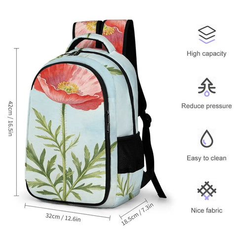 Red Poppy Watercolor Print Backpack For Men And Women, large capacity unisex daypack with dimensions 42cm x 32cm x 18.5cm.