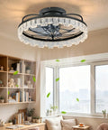 Yunstore Glowlings Rustic Flower Caged Ceiling Fan with Light (Matte Black) in a cozy living room setting.