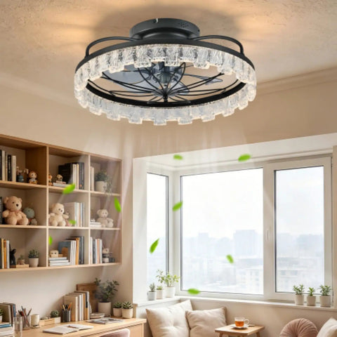 Yunstore Glowlings Rustic Flower Caged Ceiling Fan with Light (Matte Black) in a cozy living room setting.