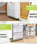 Image shows Eight Pack Heavy Duty Furniture Risers Featuring Rock Solid Nonslip Rubber Bottoms and Thick Reinforced Shells for boosting washing machine and refrigerator height.